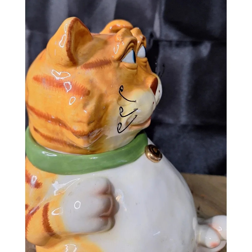 Vintage DCI Jim Orange 1990s Cat Ceramic Cookie Jar Green Collar Wire Whiskers